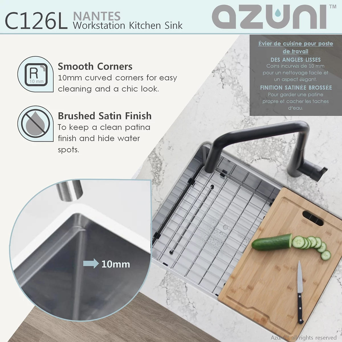 Élégant Évier de cuisine à cuve unique avec poste de travail réversible Nantes 25 po x 19 po Azuni en acier inoxydable C126l