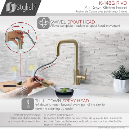 Stylish Rivo Single Handle Pull Down Kitchen Faucet - Brushed Gold Finish K-148G