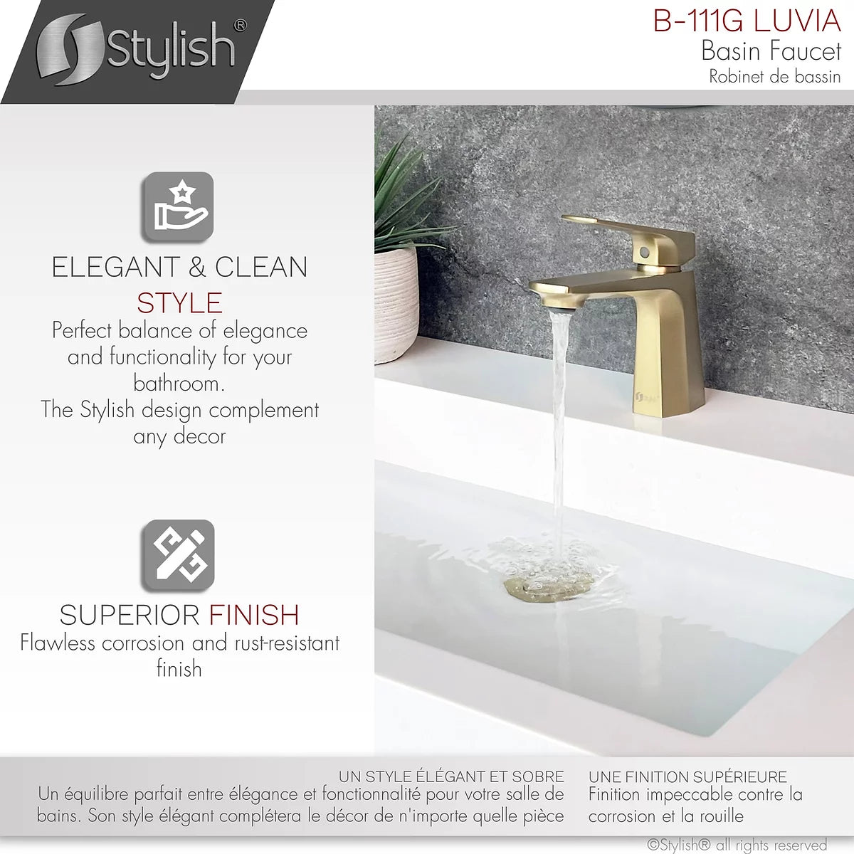 Stylish Luvia Bathroom Faucet Single Handle Brushed Gold Finish B-111G