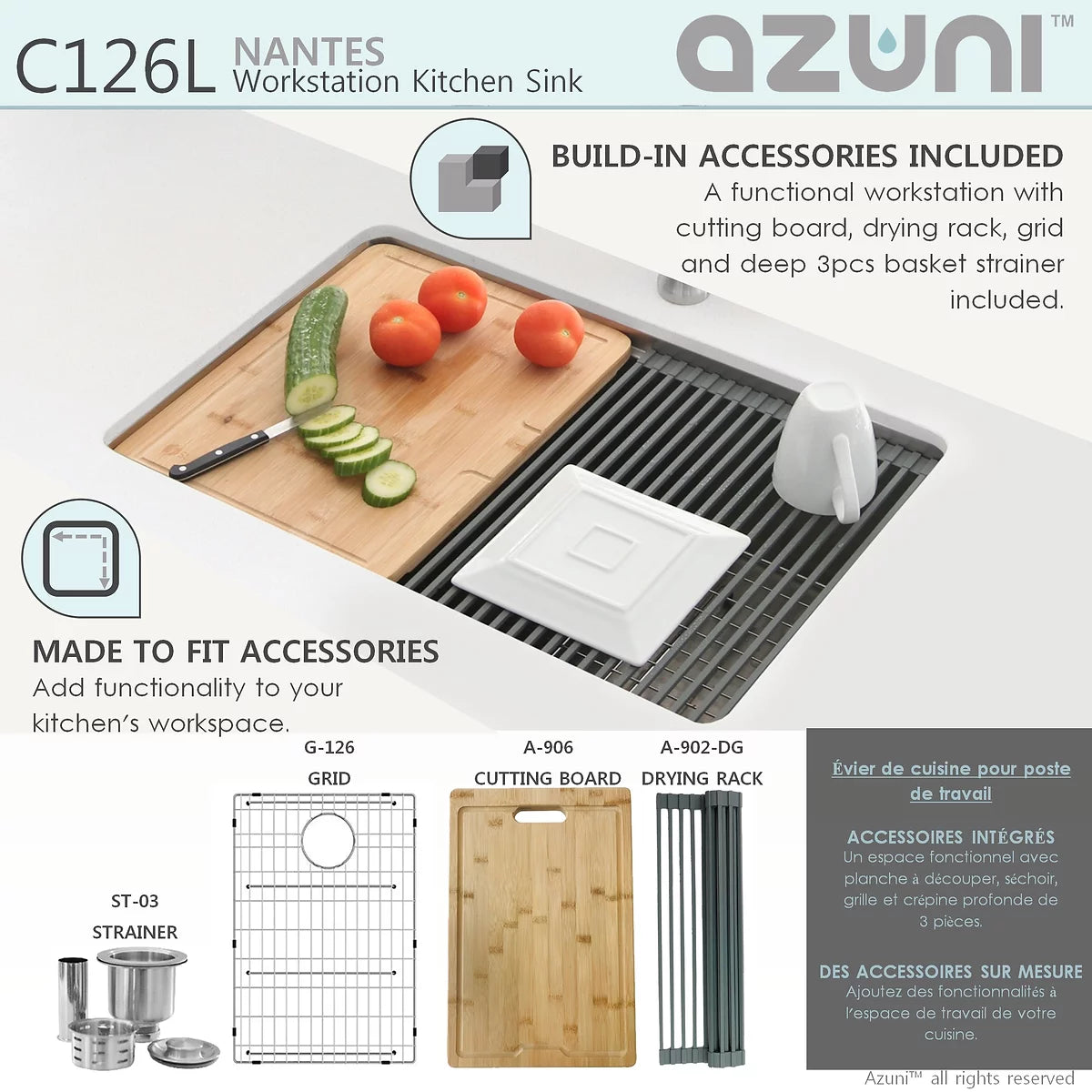 Élégant Évier de cuisine à cuve unique avec poste de travail réversible Nantes 25 po x 19 po Azuni en acier inoxydable C126l