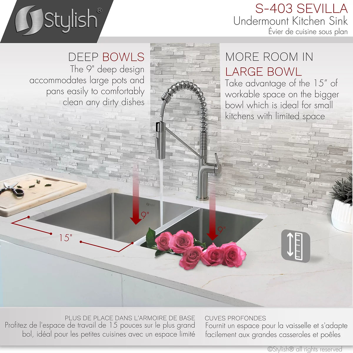 Stylish Sevilla 28" x 18" Undermount Double Bowl Kitchen Sink 18 Gauge Stainless Steel with Standard Strainers S-403