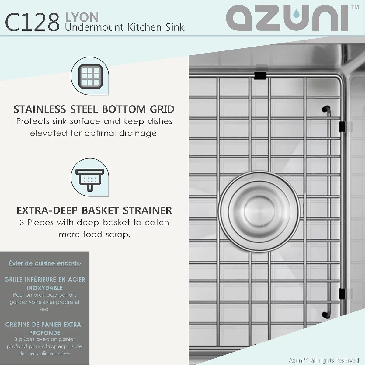 Azuni 28" x 18" Lyon Undermount Single Bowl Kitchen Sink Stainless Steel C128