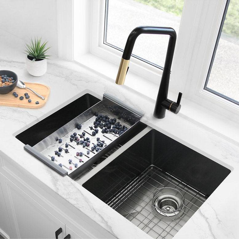 Stylish 32" x 18" Graphite Black Double Bowl Undermount Stainless Steel Kitchen Sink with Grids and Basket Strainers Opal - Renoz