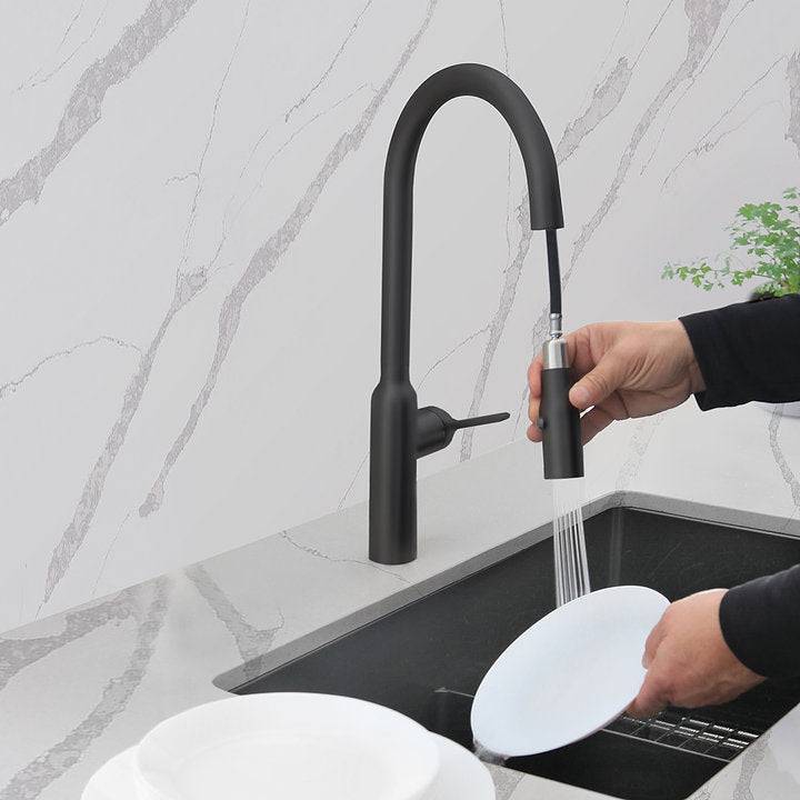 Stylish Napoli 18.75" Kitchen Faucet Single Handle Pull Down Dual Mode Stainless Steel Matte Black Finish K-133N - Renoz