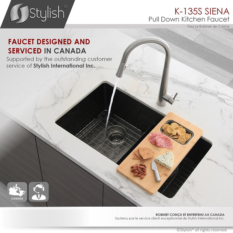 Stylish Siena Kitchen Faucet Single Handle Pull Down Dual Mode Stainless Steel Brushed Finish K-135S - Renoz