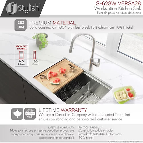 Stylish - 28 Inch Workstation 60/40 Double Bowl Undermount 16 Gauge Stainless Steel Kitchen Sink With Accessories Included (S-628w)