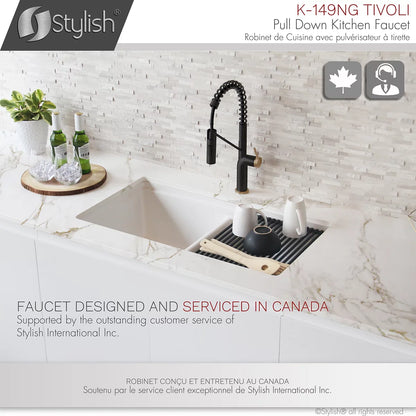 Stylish Tivoli Single Handle Pull Down Kitchen Faucet - Matte Black/Brushed Gold K-149NG