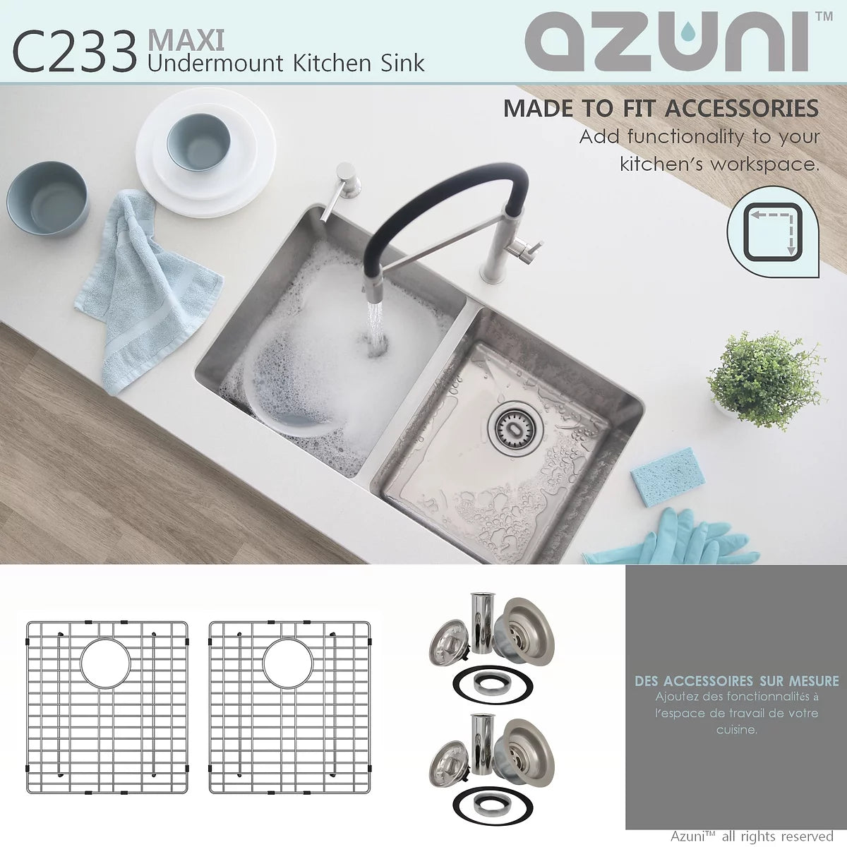 Azuni 32" x 18.5" Maxi Undermount Double Bowl Kitchen Sink Stainless Steel C233