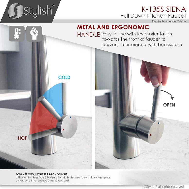 Stylish Siena Kitchen Faucet Single Handle Pull Down Dual Mode Stainless Steel Brushed Finish K-135S - Renoz