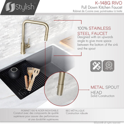 Stylish Rivo Single Handle Pull Down Kitchen Faucet - Brushed Gold Finish K-148G