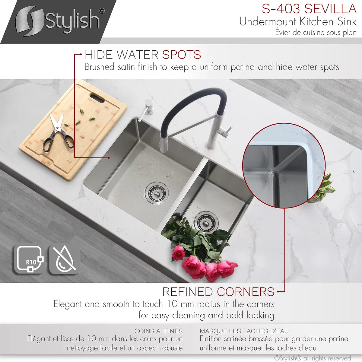 Stylish Sevilla 28" x 18" Undermount Double Bowl Kitchen Sink 18 Gauge Stainless Steel with Standard Strainers S-403