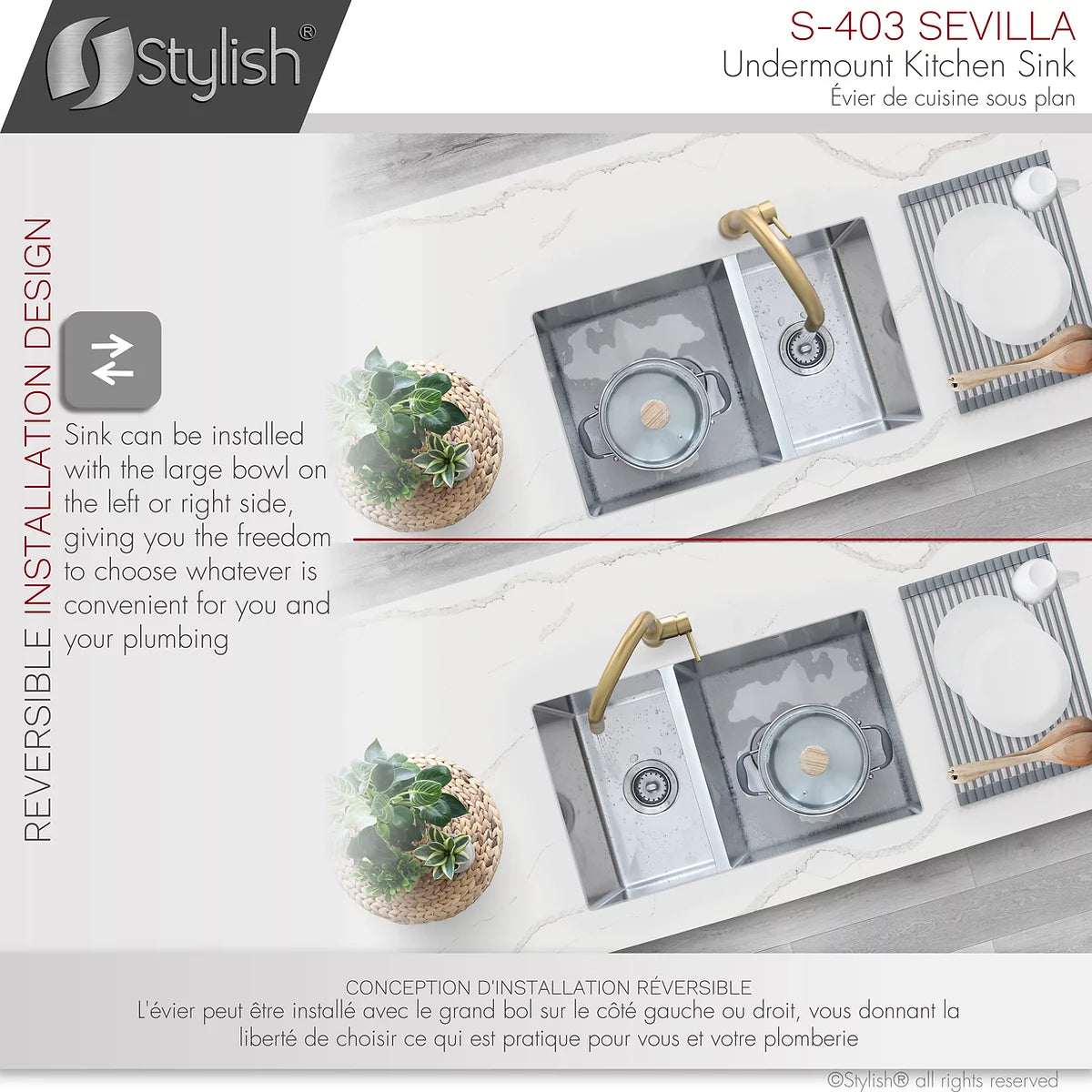 Stylish Sevilla 28" x 18" Undermount Double Bowl Kitchen Sink 18 Gauge Stainless Steel with Standard Strainers S-403