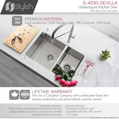 Stylish Sevilla 28" x 18" Undermount Double Bowl Kitchen Sink 18 Gauge Stainless Steel with Grids and Standard Strainers S-403G