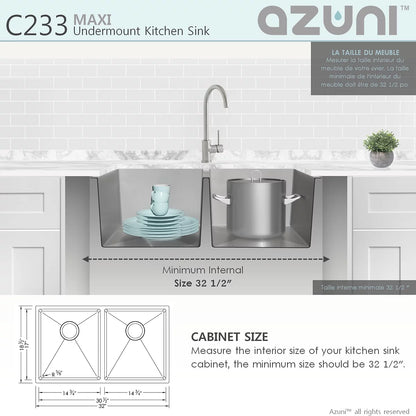 Azuni 32" x 18.5" Maxi Undermount Double Bowl Kitchen Sink Stainless Steel C233