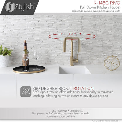 Stylish Rivo Single Handle Pull Down Kitchen Faucet - Brushed Gold Finish K-148G