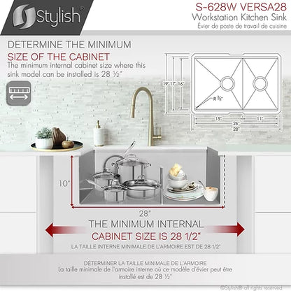 Stylish - 28 Inch Workstation 60/40 Double Bowl Undermount 16 Gauge Stainless Steel Kitchen Sink With Accessories Included (S-628w)