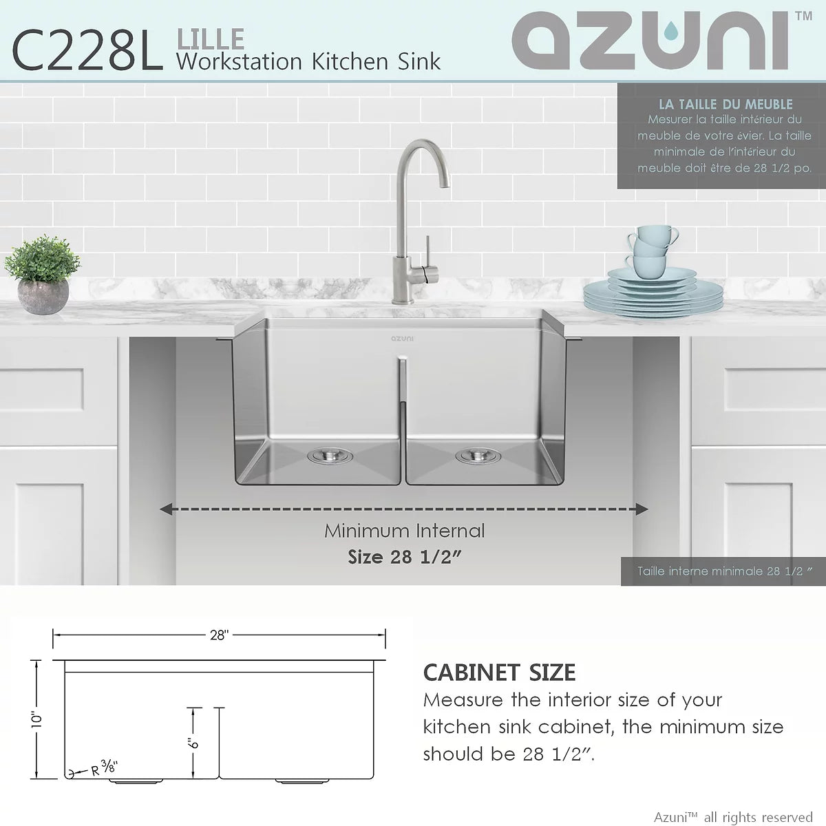 Azuni 28" x 19" Lille Workstation Double Bowl Undermount Kitchen Sink Stainless Steel C228l