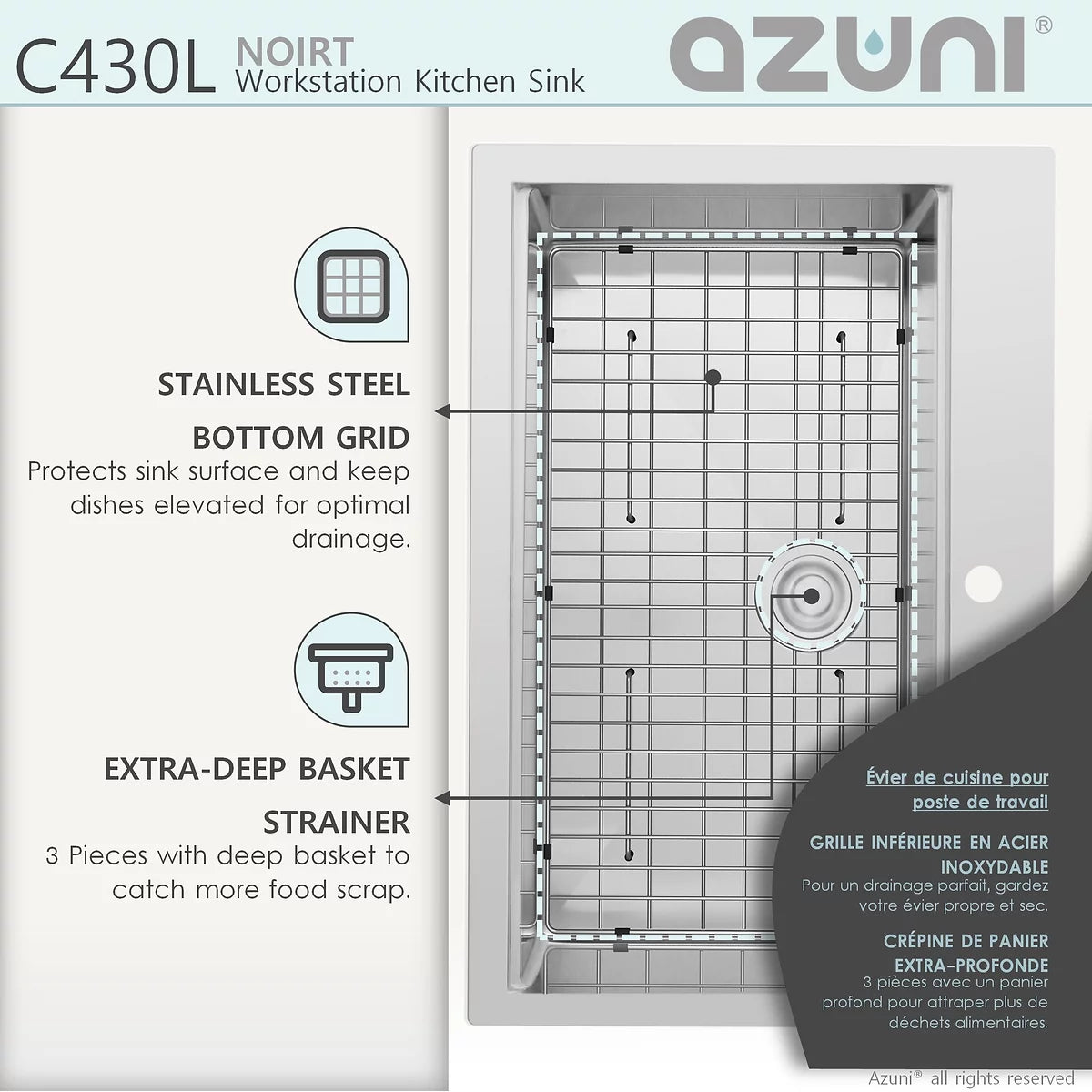 Azuni 31" x 20.5" Noirt Workstation Single Bowl Kitchen Sink Stainless Steel C430l