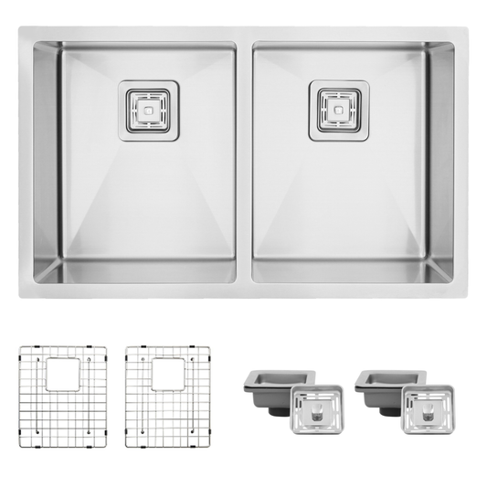 Élégant Crépine carrée en tulle Azuni 32 po x 18 po Calibre 16 Évier de cuisine en acier inoxydable à double cuve 50/50 à encastrer ou à encastrer C232