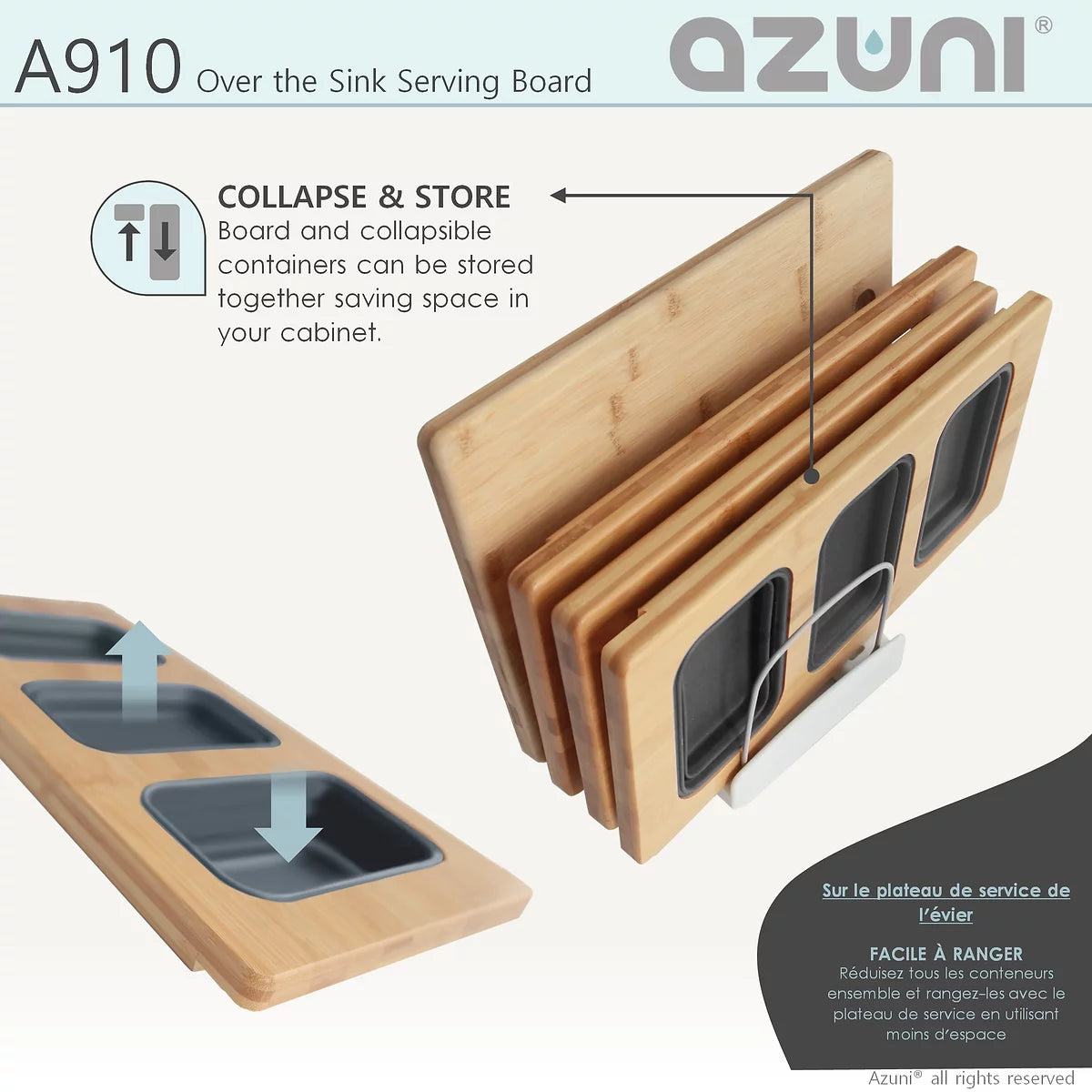 Azuni 18" Kitchen Sink Bamboo Serving Board Set With 3 Containers A910