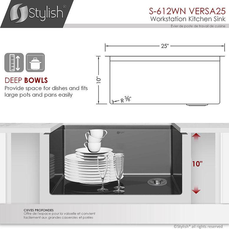 Stylish Versa25 25" x 19" Handmade Graphite Black Workstation Single Bowl Kitchen Sink Built in Accessories S-612WN - Renoz