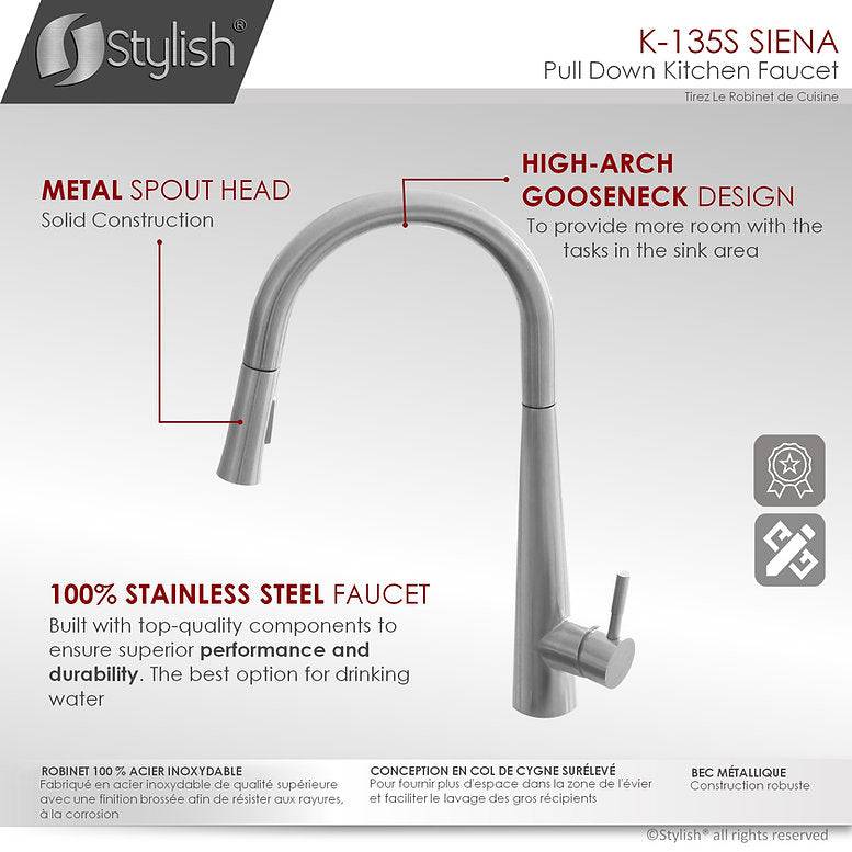 Stylish Siena Kitchen Faucet Single Handle Pull Down Dual Mode Stainless Steel Brushed Finish K-135S - Renoz