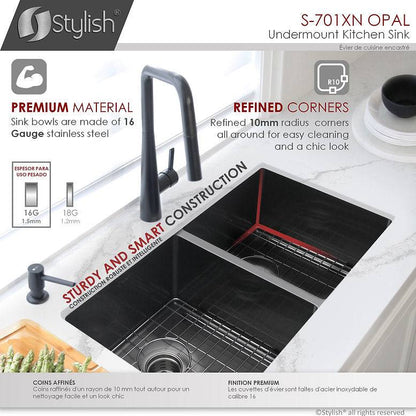 Stylish 32" x 18" Graphite Black Double Bowl Undermount Stainless Steel Kitchen Sink with Grids and Basket Strainers Opal - Renoz