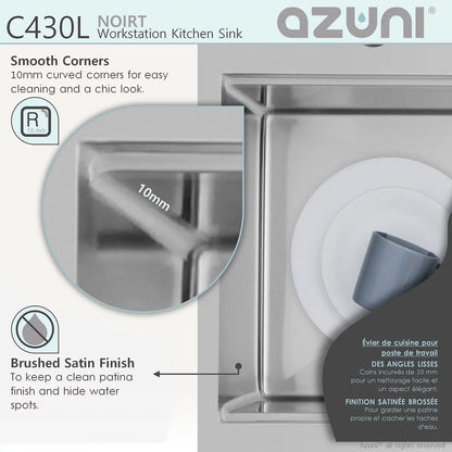 Azuni 31" x 20.5" Noirt Workstation Single Bowl Kitchen Sink Stainless Steel C430l