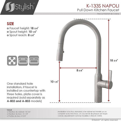 Stylish Napoli 18.75" Kitchen Faucet Single Handle Pull Down Dual Mode Stainless Steel Brushed Finish K-133S - Renoz