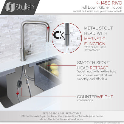 Stylish Rivo Single Handle Pull Down Kitchen Faucet - Stainless Steel Finish K-148S