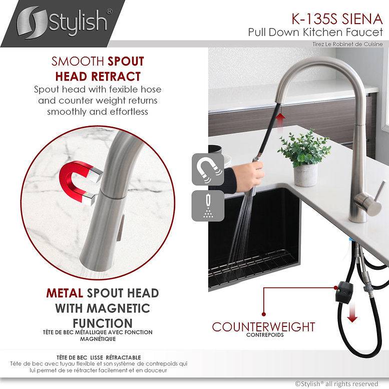 Stylish Siena Kitchen Faucet Single Handle Pull Down Dual Mode Stainless Steel Brushed Finish K-135S - Renoz