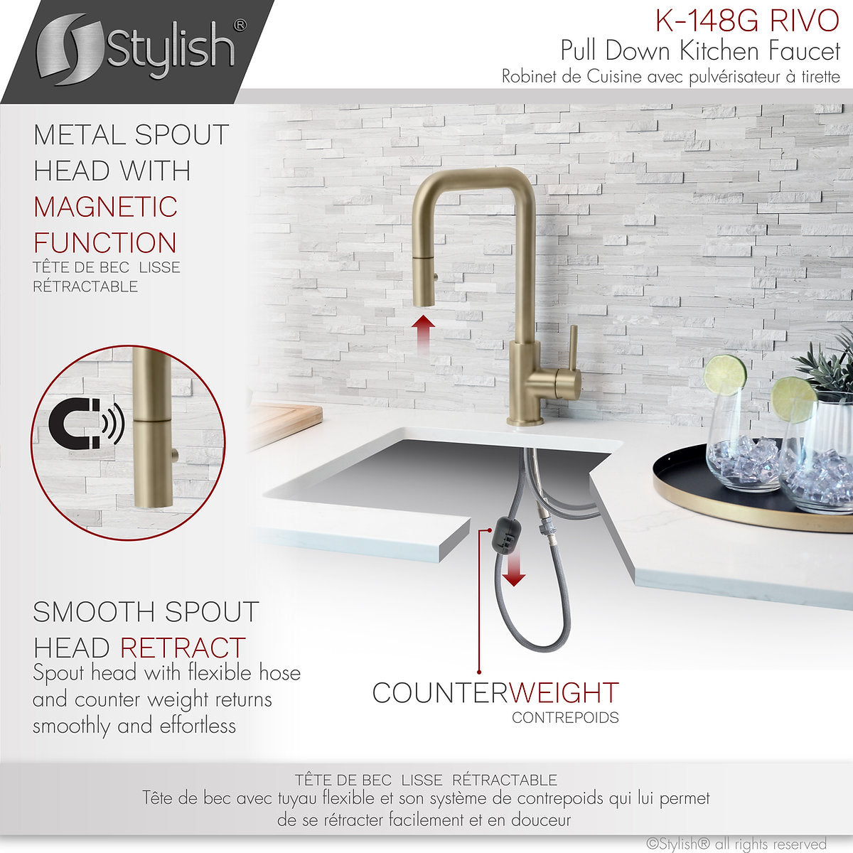 Stylish Rivo Single Handle Pull Down Kitchen Faucet - Brushed Gold Finish K-148G