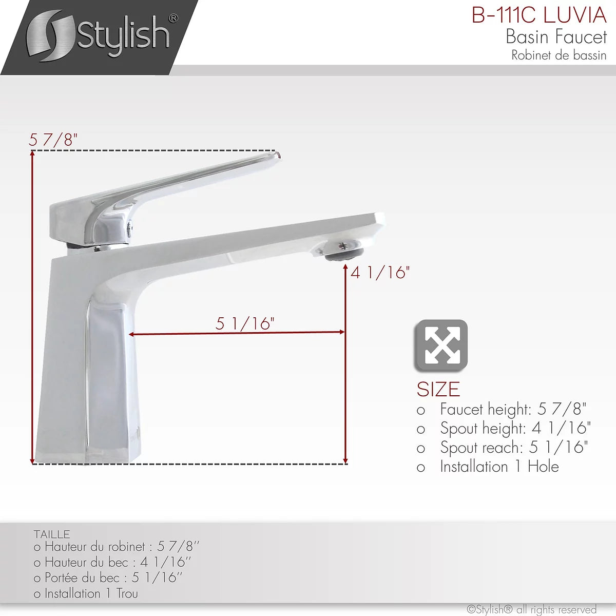 Élégant robinet de salle de bains Luvia à poignée unique, finition chromée polie B-111C