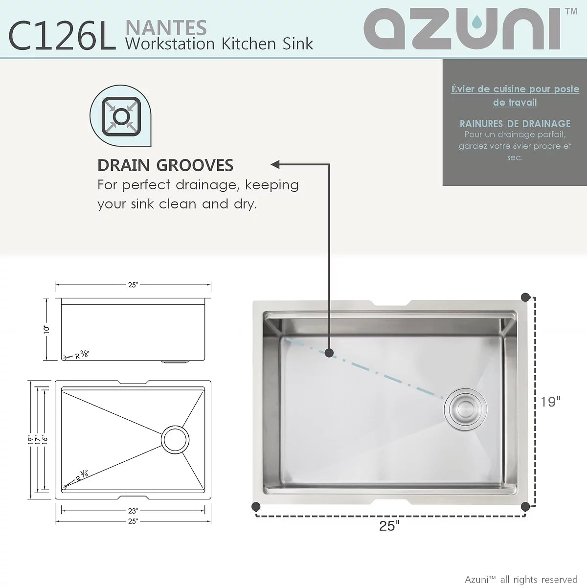 Élégant Évier de cuisine à cuve unique avec poste de travail réversible Nantes 25 po x 19 po Azuni en acier inoxydable C126l