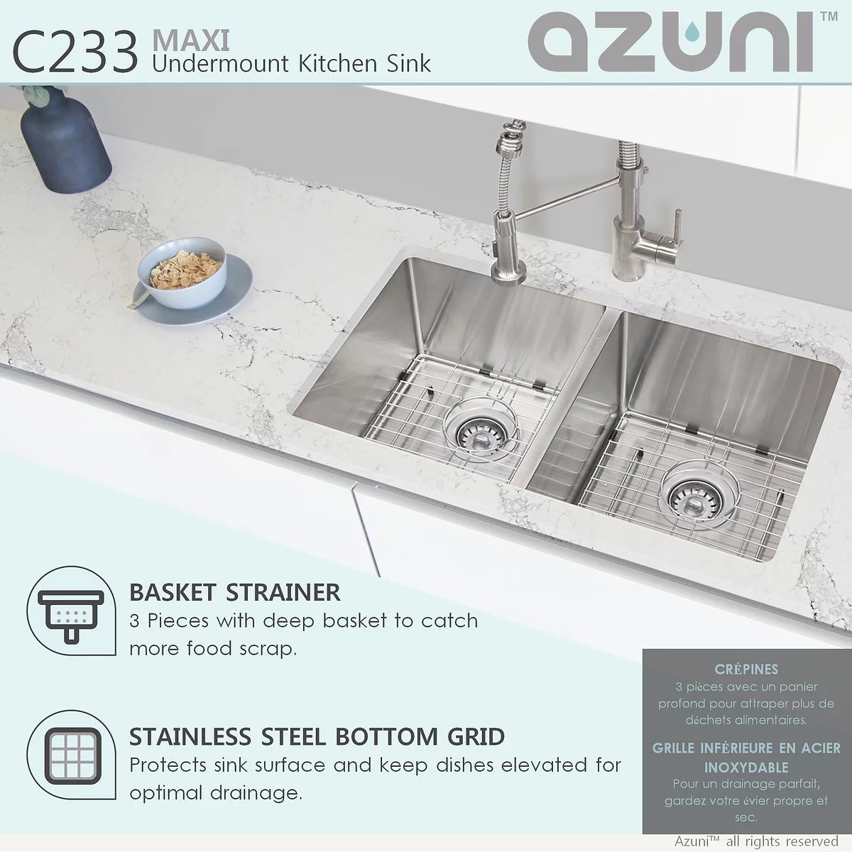 Azuni 32" x 18.5" Maxi Undermount Double Bowl Kitchen Sink Stainless Steel C233