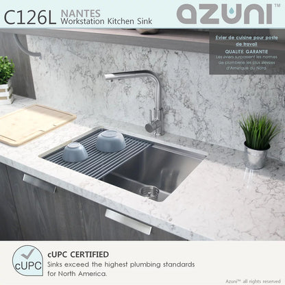 Élégant Évier de cuisine à cuve unique avec poste de travail réversible Nantes 25 po x 19 po Azuni en acier inoxydable C126l