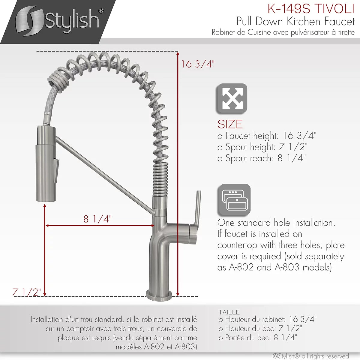 Élégant robinet de cuisine à tirette à poignée unique Tivoli finition brossée K-149S