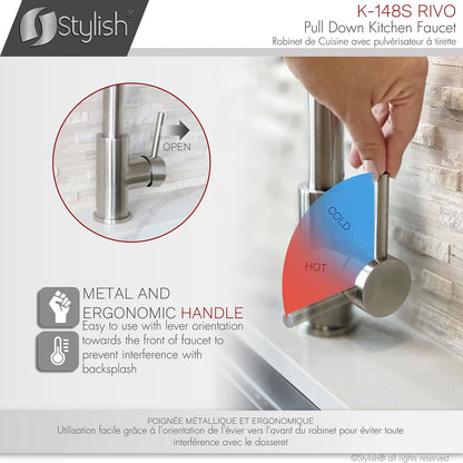 Stylish Rivo Single Handle Pull Down Kitchen Faucet - Stainless Steel Finish K-148S