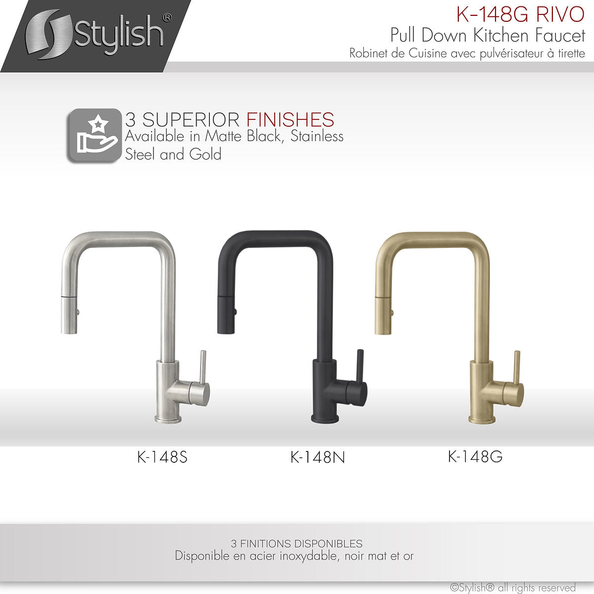 Stylish Rivo Single Handle Pull Down Kitchen Faucet - Brushed Gold Finish K-148G