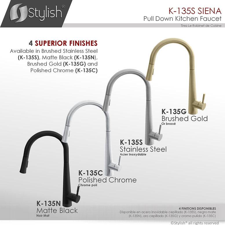 Stylish Siena Kitchen Faucet Single Handle Pull Down Dual Mode Stainless Steel Brushed Finish K-135S - Renoz