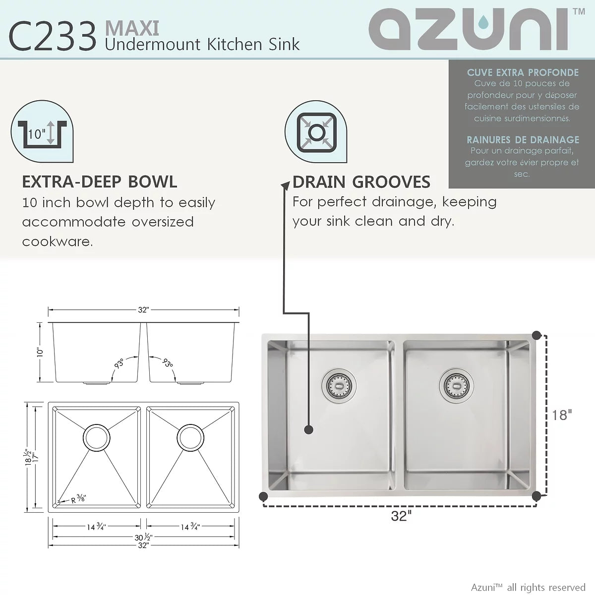 Azuni 32" x 18.5" Maxi Undermount Double Bowl Kitchen Sink Stainless Steel C233