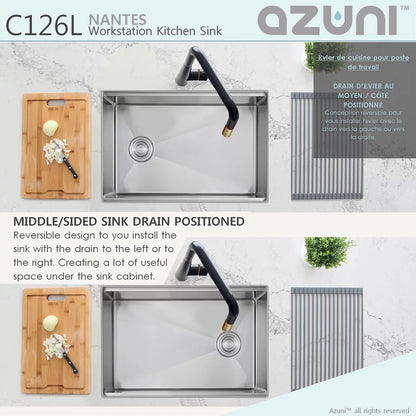 Élégant Évier de cuisine à cuve unique avec poste de travail réversible Nantes 25 po x 19 po Azuni en acier inoxydable C126l