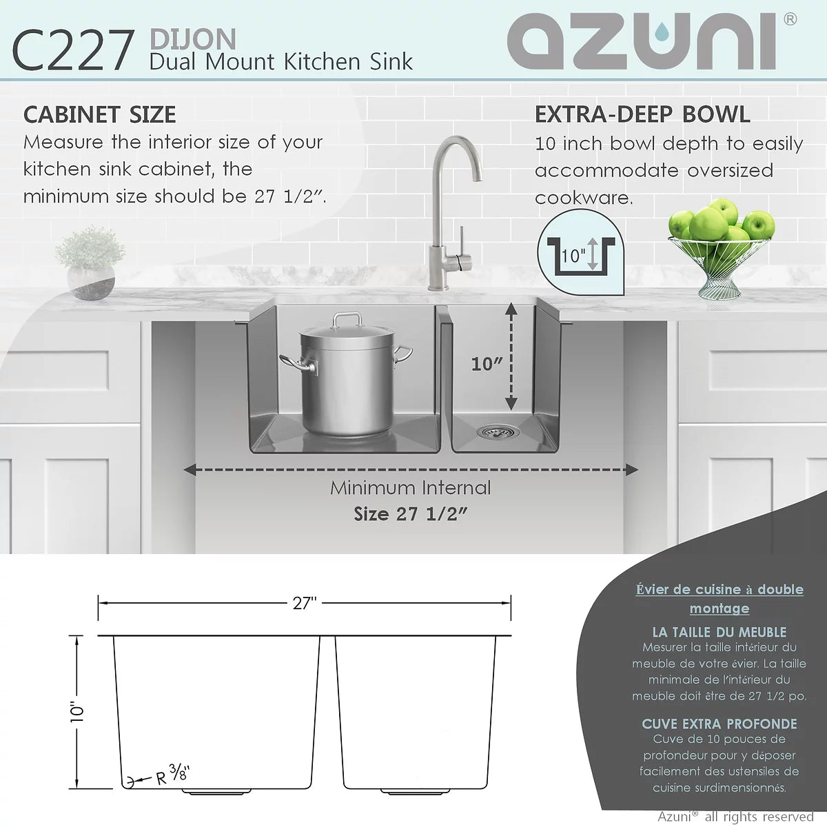 Azuni 27" x 18" Dijon Dual mount Double Bowl Kitchen Sink Stainless Steel C227