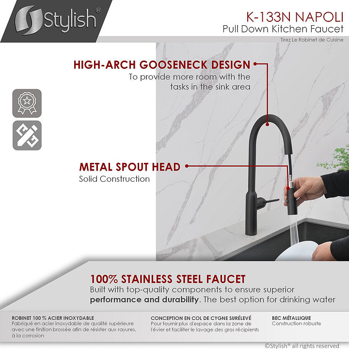 Stylish Napoli 18.75" Kitchen Faucet Single Handle Pull Down Dual Mode Stainless Steel Matte Black Finish K-133N - Renoz