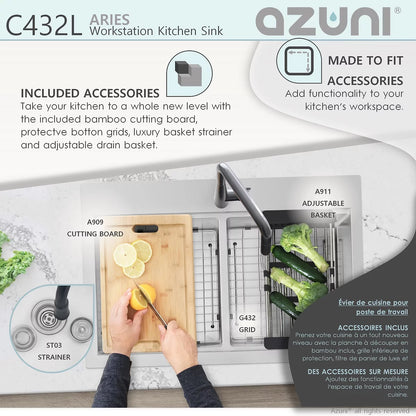 Élégant évier de cuisine à double cuve pour poste de travail Azuni Aries 31 po x 20,5 po en acier inoxydable C432L