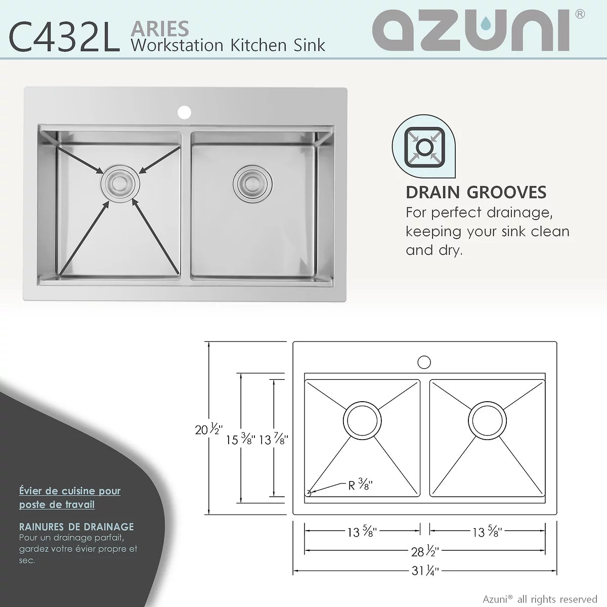 Élégant évier de cuisine à double cuve pour poste de travail Azuni Aries 31 po x 20,5 po en acier inoxydable C432L