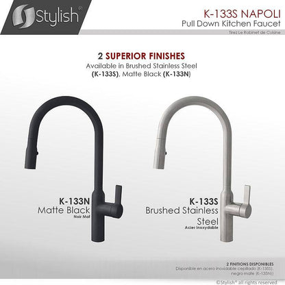 Stylish Napoli 18.75" Kitchen Faucet Single Handle Pull Down Dual Mode Stainless Steel Brushed Finish K-133S - Renoz