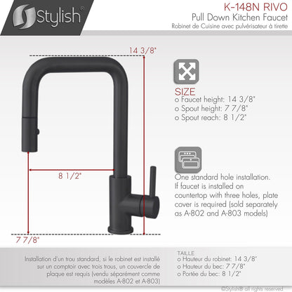 Élégant robinet de cuisine à tirette à poignée unique Rivo - Fini noir mat K-148N