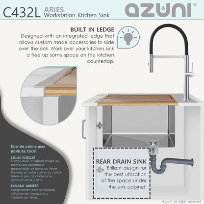 Élégant évier de cuisine à double cuve pour poste de travail Azuni Aries 31 po x 20,5 po en acier inoxydable C432L