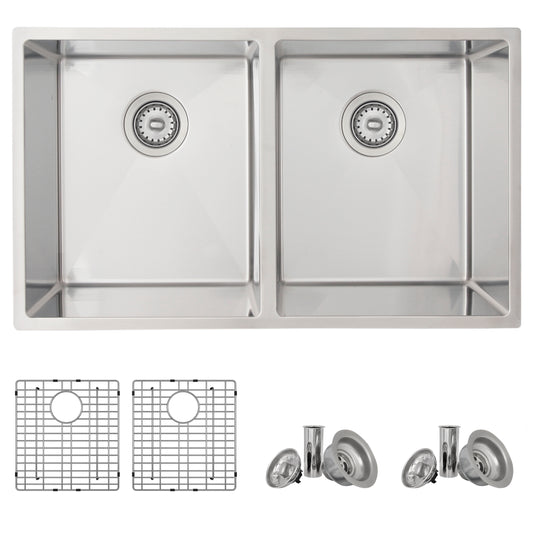 Élégant Évier de cuisine à double cuve encastrable Maxi Azuni 32 po x 18,5 po en acier inoxydable C233